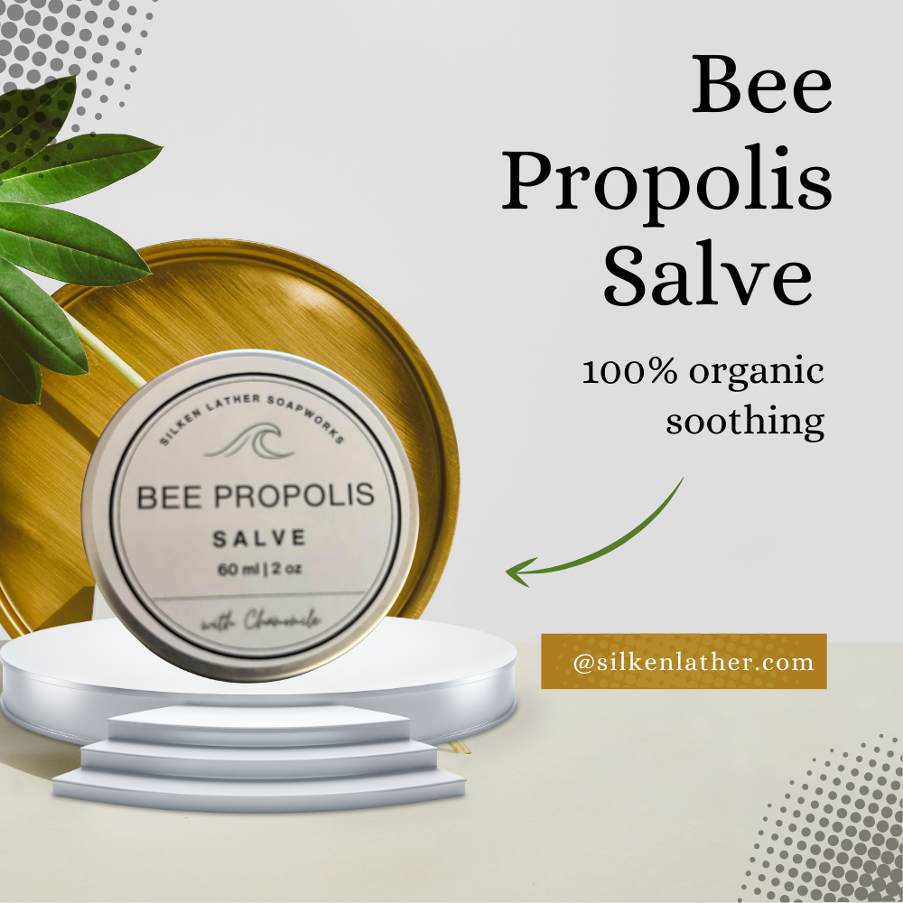 Jar of Silken Lather Cosmetics Bee Propolis Salve, natural healing balm with honey and botanicals