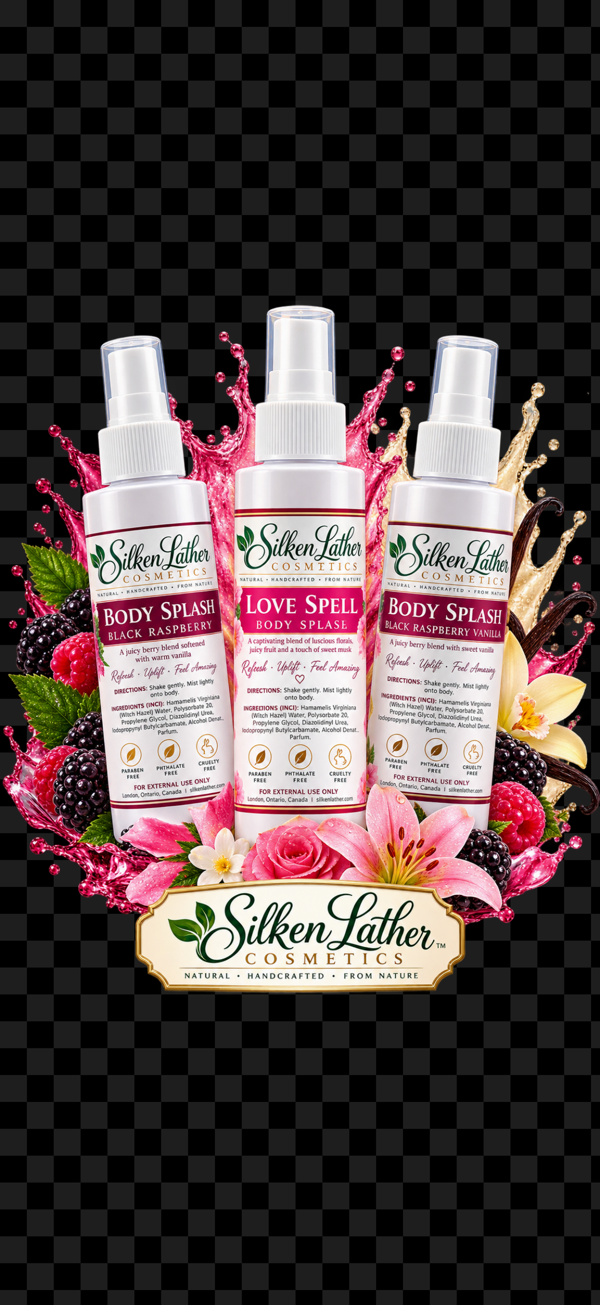 Silken Lather Body Splash set with three white spray bottles featuring black raspberry, love spell, and warm vanilla sugar scents surrounded by flowers and berries