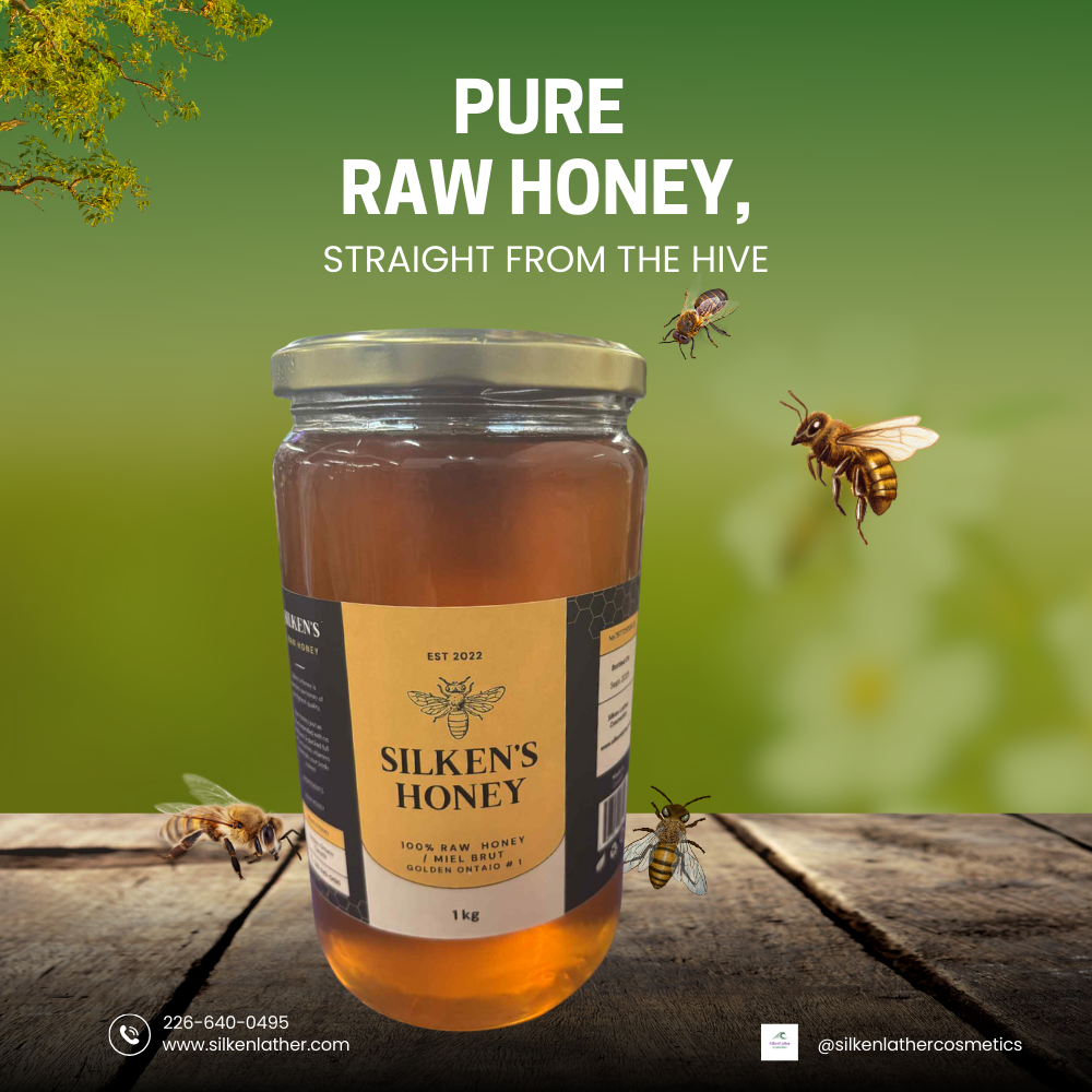 Jar of Silken’s Raw Ontario Honey from Southwestern Ontario wildflowers, golden and unfiltered