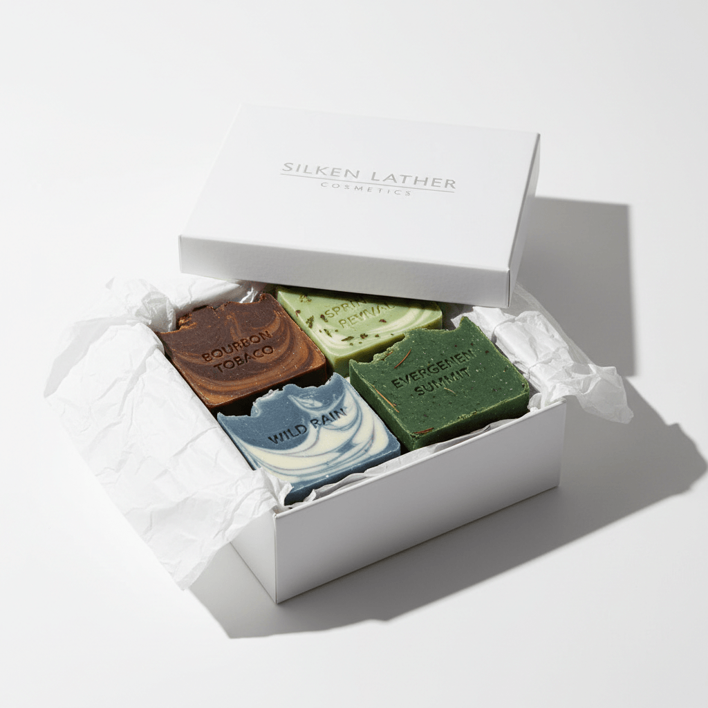Rugged Lather Set men's handcrafted soap gift set with four distinctive scented bars in stylish packaging