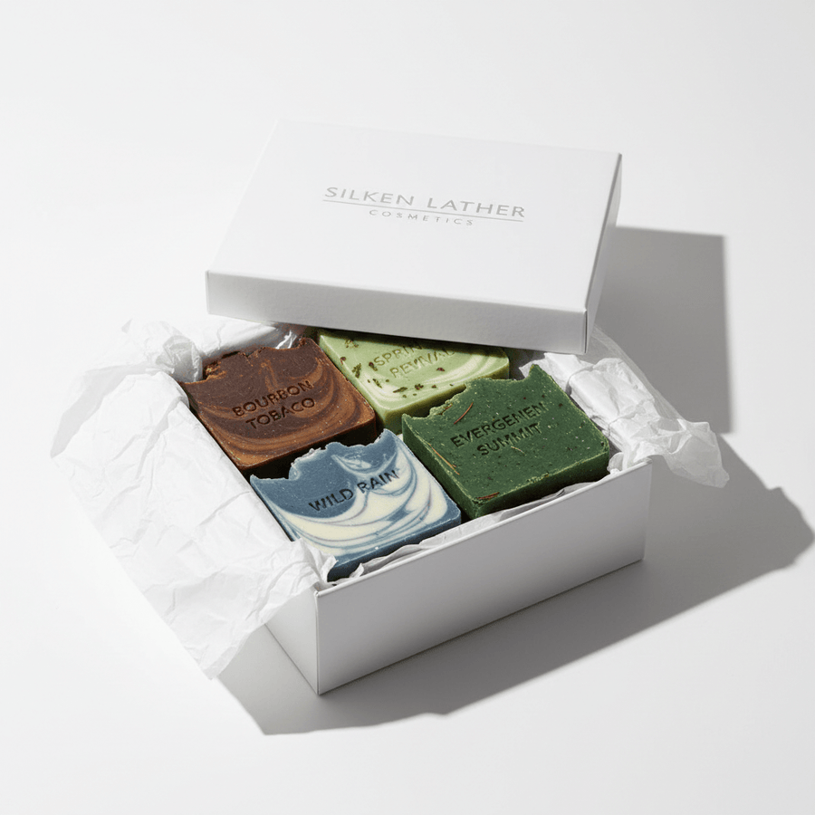 Rugged Lather Set men's handcrafted soap gift set with four distinctive scented bars in stylish packaging