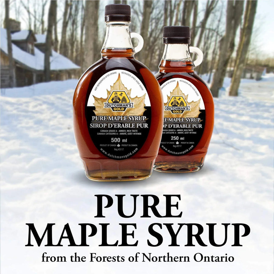 Bottle of Pure Canadian Maple Syrup labeled Dutchman's Gold with golden amber syrup inside
