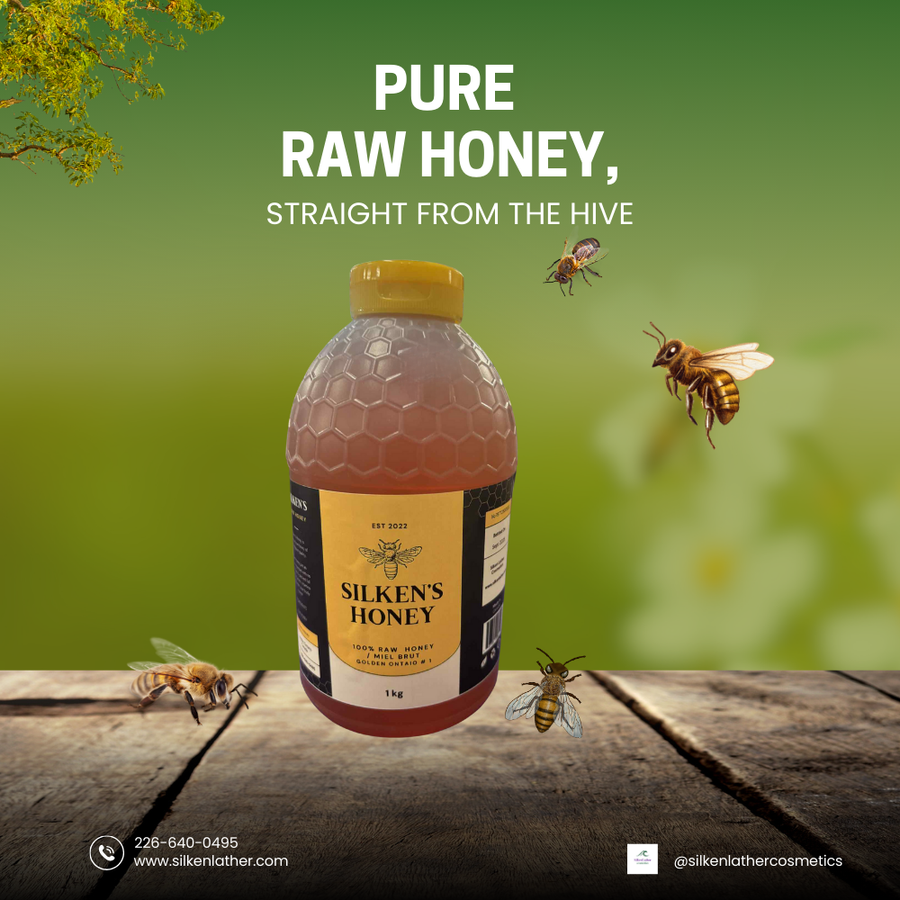 Silken 1 kg squeezable raw wildflower honey bottle with golden honey inside