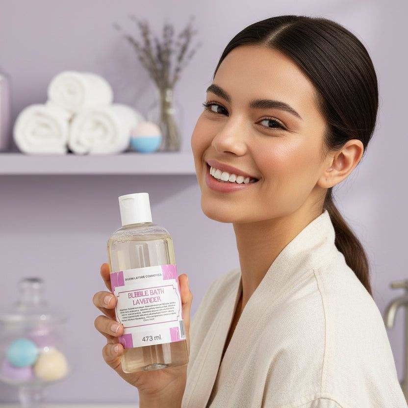 473 ml Lavender Bubble Bath bottle with soothing lavender flowers and bubbles