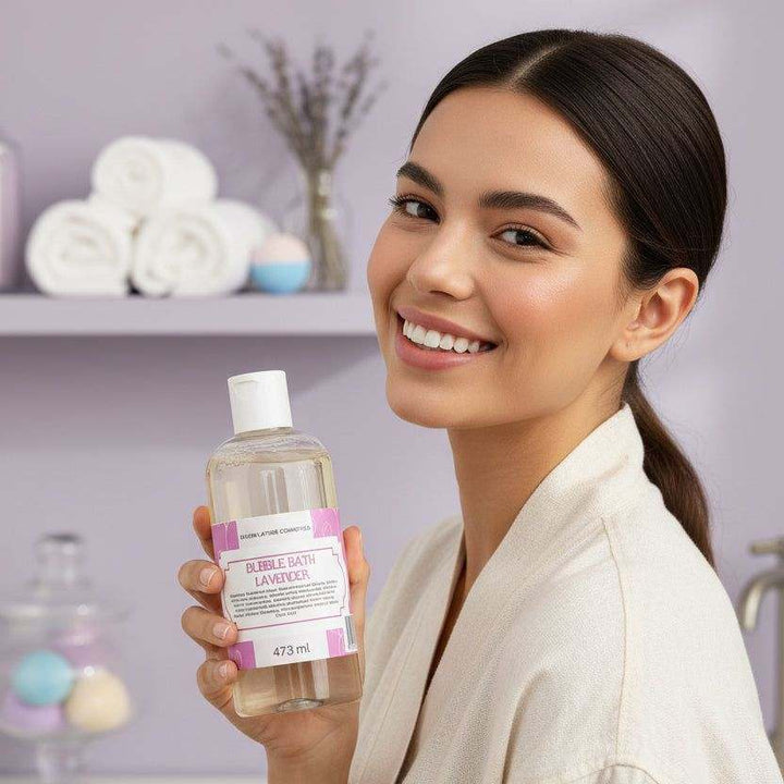 473 ml Lavender Bubble Bath bottle with soothing lavender flowers and bubbles