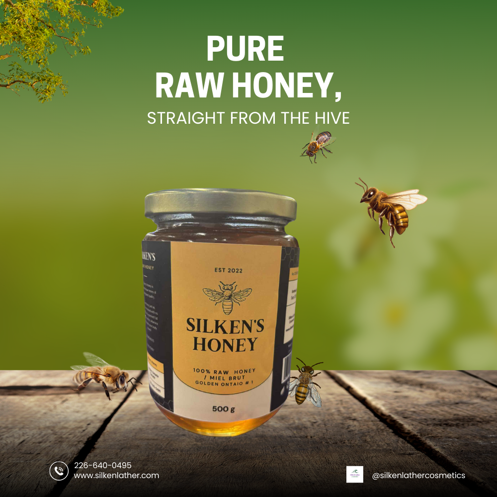 Silken's 500 g Raw Honey jar with golden wildflower honey from Canada, pure and unprocessed