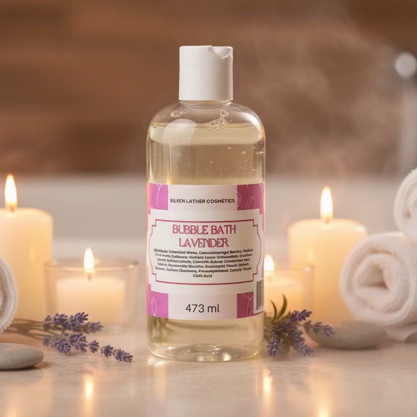 473 ml bottle of Lavender Bubble Bath with calming botanicals for soothing skin and relaxing baths