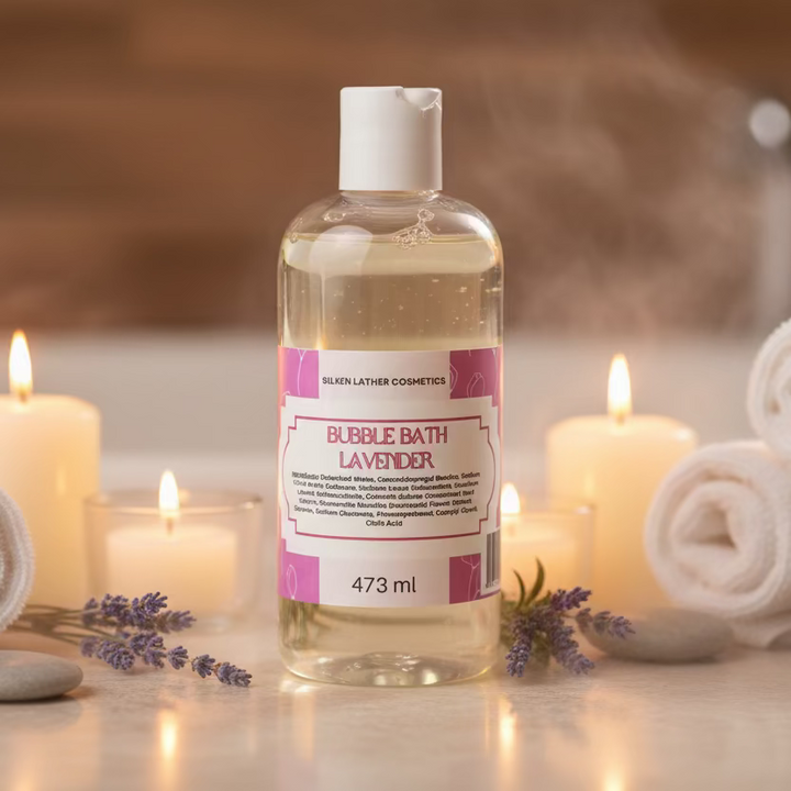 473 ml bottle of Lavender Bubble Bath with calming botanicals for soothing skin and relaxing baths
