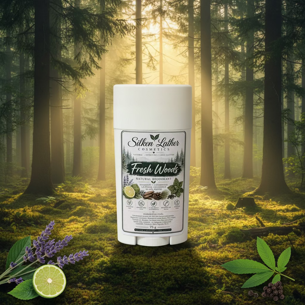 Discover Fresh Woods Natural Deodorant by Silken Lather Cosmetics, a smooth, aluminum-free deodorant with a fresh, earthy blend of bergamot, cedarwood, lavender, patchouli and black pepper essential oils. 