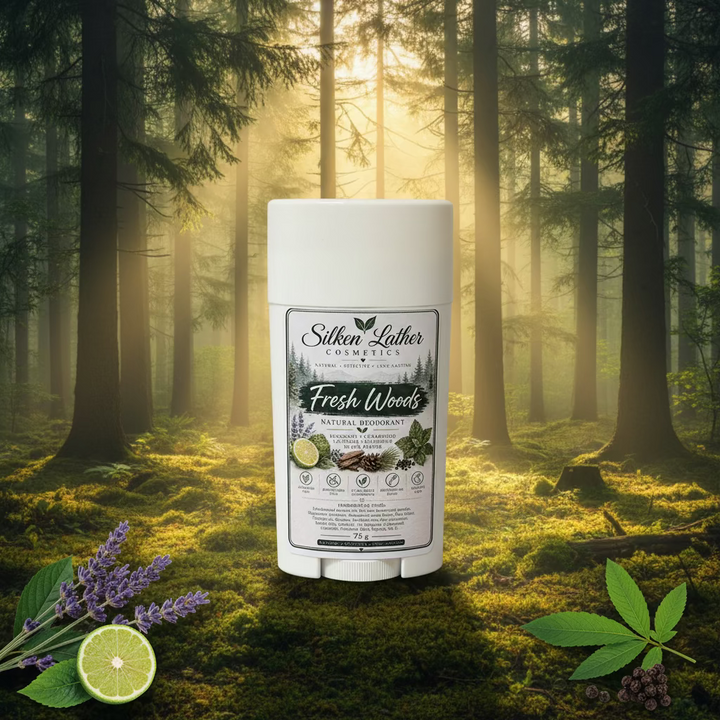 Discover Fresh Woods Natural Deodorant by Silken Lather Cosmetics, a smooth, aluminum-free deodorant with a fresh, earthy blend of bergamot, cedarwood, lavender, patchouli and black pepper essential oils. 