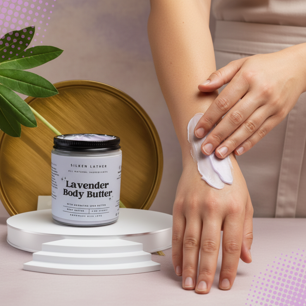 Lavender Body Butter with shea, mango butters, avocado and coconut oils for deep hydration and soothing lavender scent