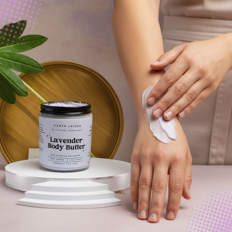 Lavender Body Butter with shea, mango butters, avocado and coconut oils for deep hydration and soothing lavender scent