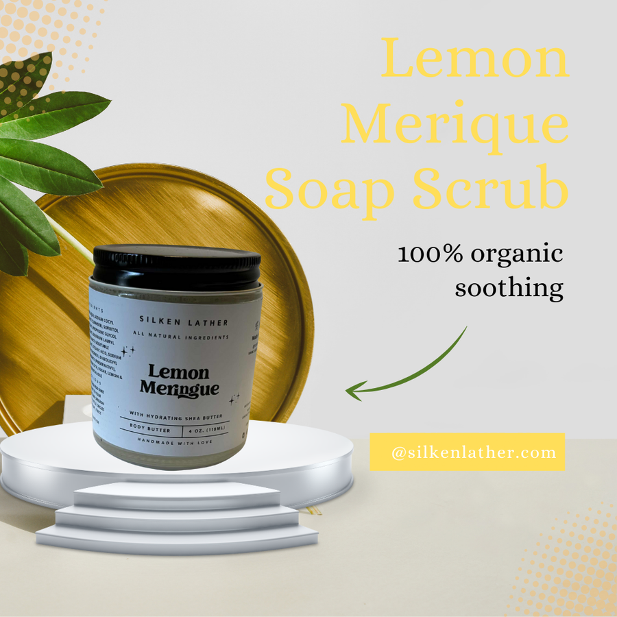 Jar of Lemon Meringue Whipped Soap Scrub with creamy, fluffy texture and zesty lemon scent