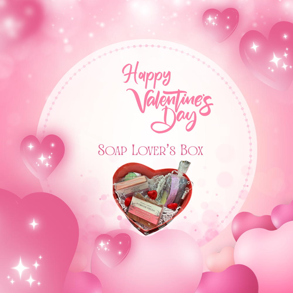 Love at First Lather Valentine Gift Set with handcrafted soap bars, bath bomb, and nourishing lip butter in elegant packaging