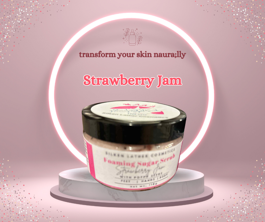 Strawberry Jam Foaming Sugar Scrub 118 ml jar with creamy texture and fresh strawberry scent