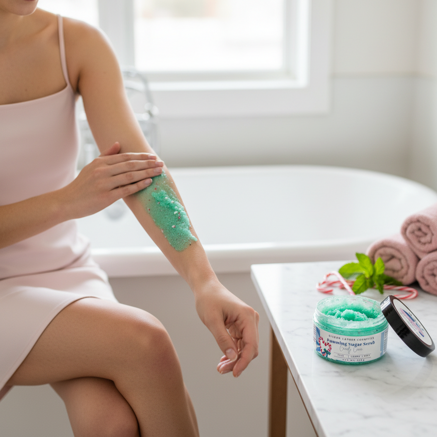Foaming Candy Cane Sugar Scrub jar with green and white swirls, peppermint scent, and sugar exfoliant, 118 ml size