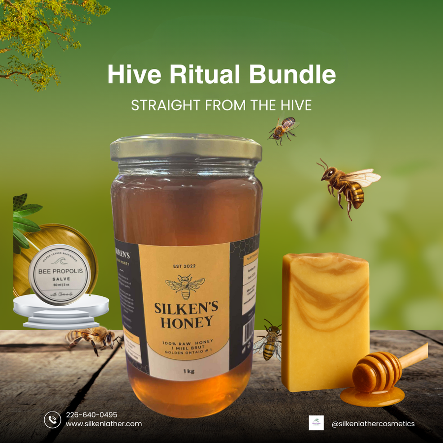 Hive Ritual Bundle with raw honey, honey soap, and propolis salve natural skincare set