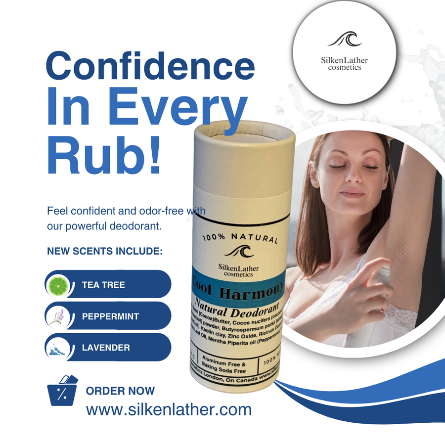 Cool Harmony Natural Deodorant tube with tea tree, peppermint, and lavender for fresh, aluminum-free odor protection