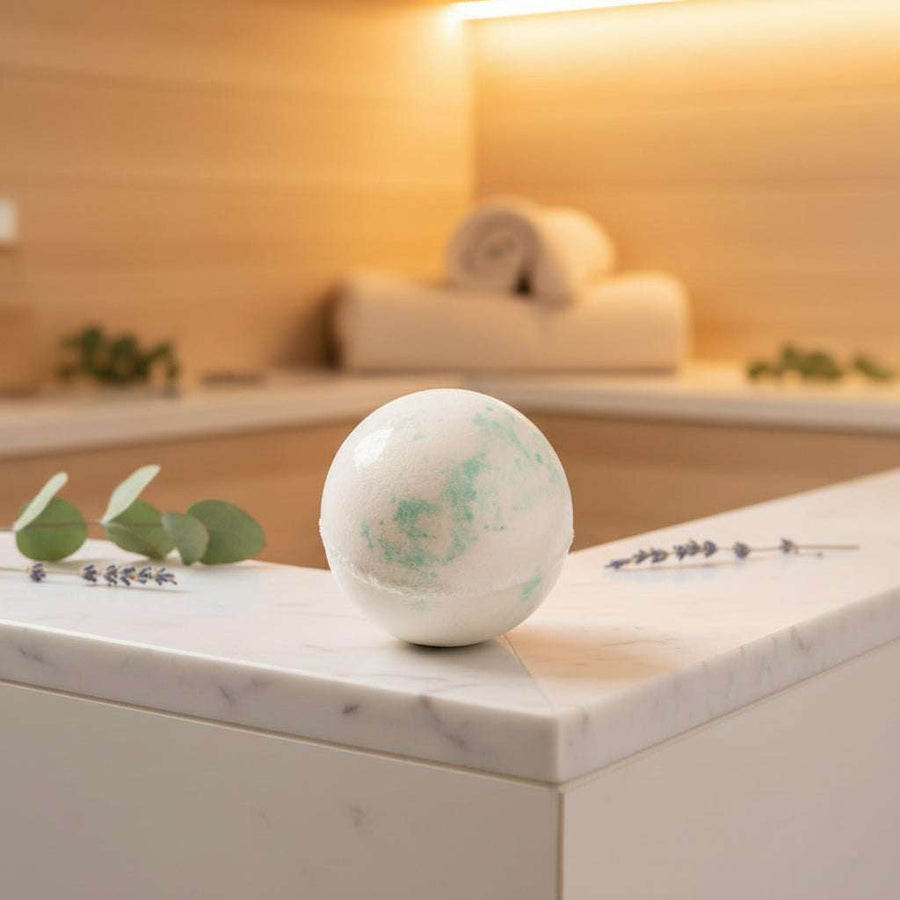 Bergamot & White Tea bath bomb fizzing in water with fresh citrus and tea scent