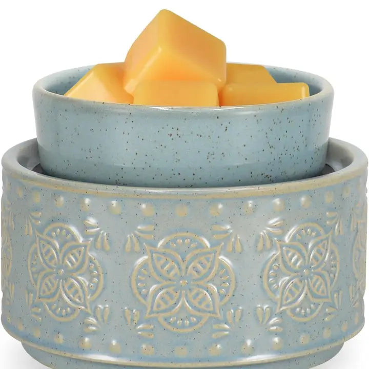 Blue Ceramic 2-in-1 Plug-In Wax Warmer with soft blue-gray finish and removable dish for wax melts or jar candle, elegant home fragrance diffuser