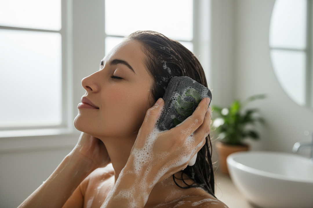 Charcoal & Aloe Shampoo Bar with natural oils and activated charcoal for eco-friendly hair care