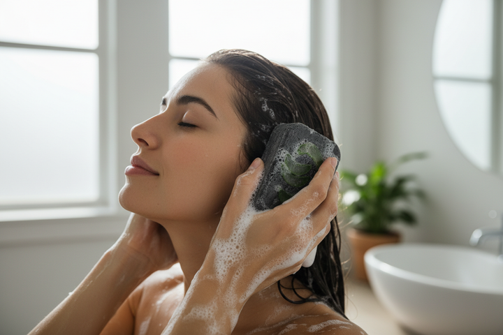 Charcoal & Aloe Shampoo Bar with natural oils and activated charcoal for eco-friendly hair care