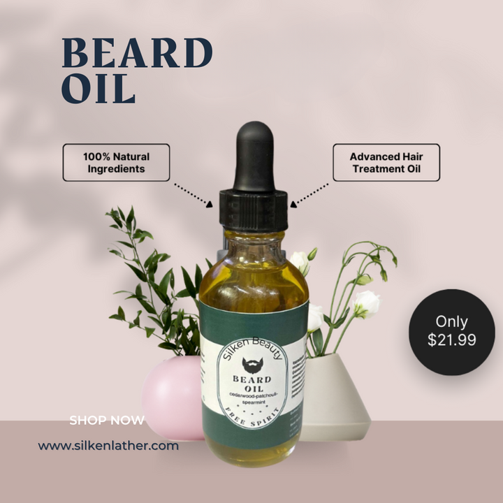 Free Spirit Beard Oil 60 ml bottle with cedarwood, patchouli, and spearmint blend for beard care and nourishment