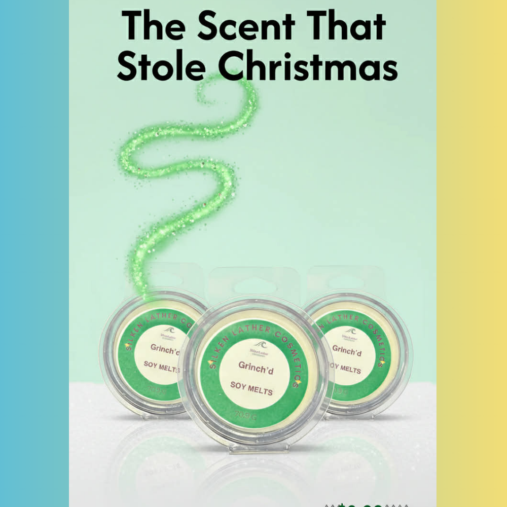 Grinch’d Soy Wax Melts green festive candle with frosted citrus peppermint and pine scent