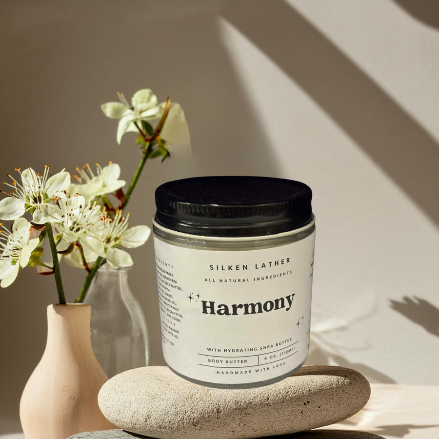 Harmony Body Butter 118 ml jar with lavender, rosemary, and peppermint for soothing hydration and skin nourishment
