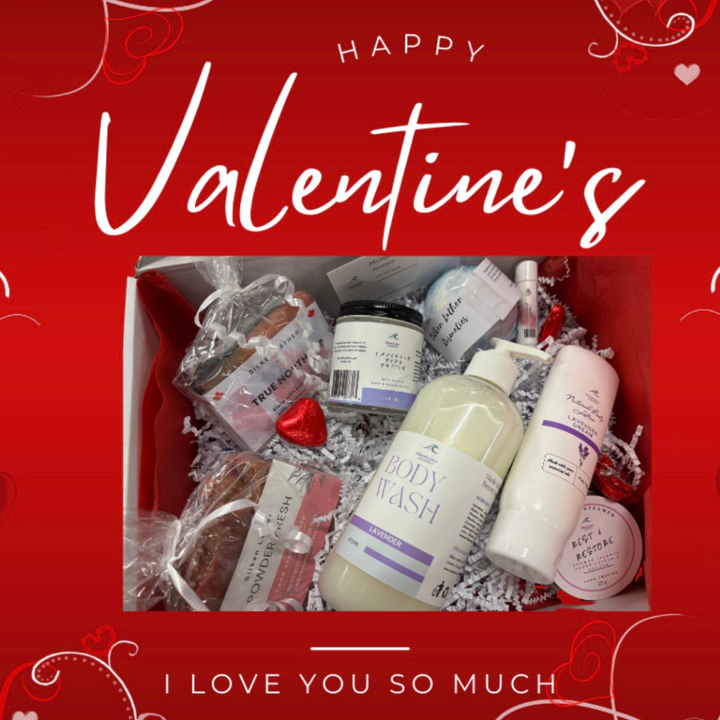 Luxury Womens Valentines Gift Set with soaps, bath bomb, body scrub, cream, and lip butter in elegant packaging