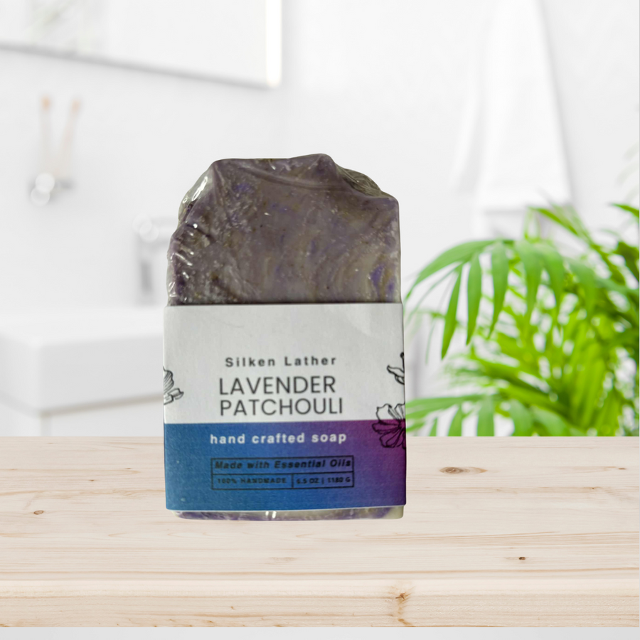 Lavender Patchouli Natural Soap bar showcasing earthy floral handcrafted design