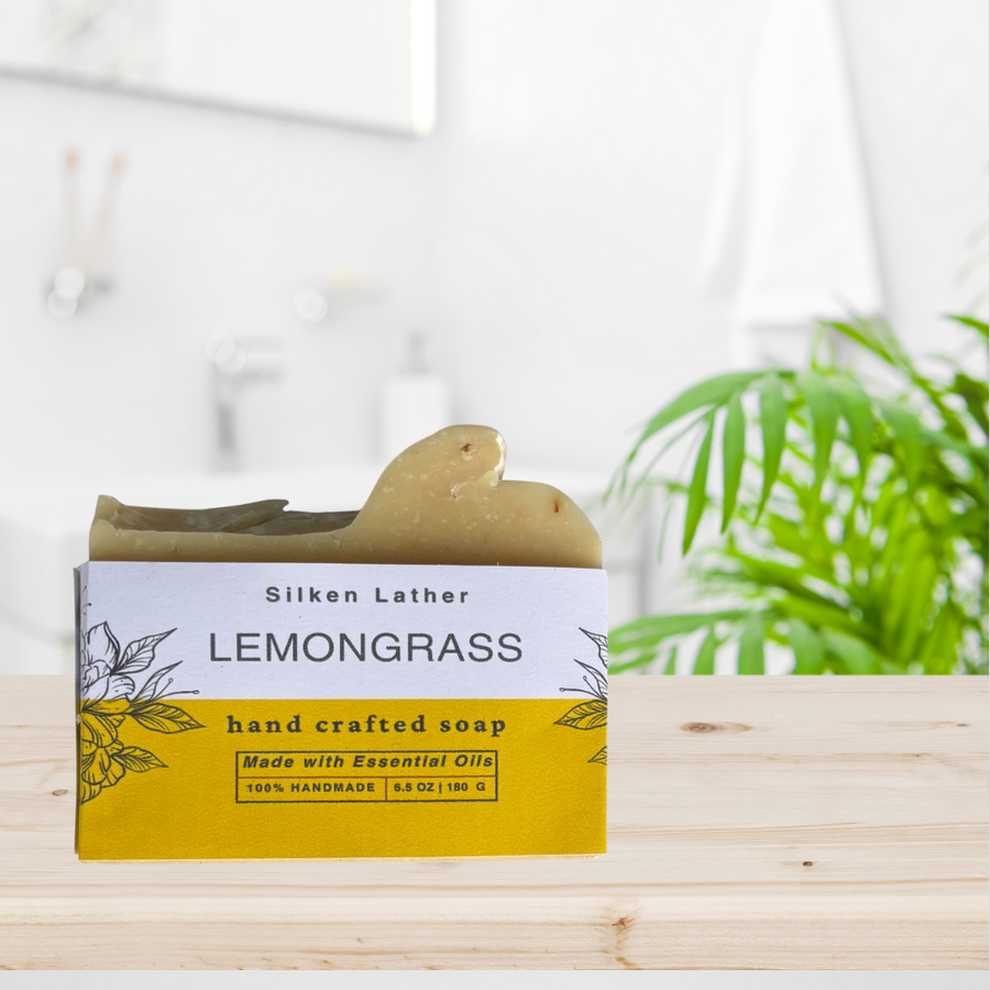 Bar of lemongrass soap with fresh citrus aroma and natural antibacterial properties