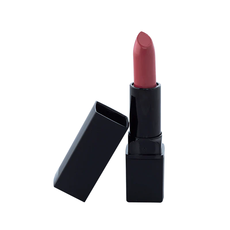 Plum pink natural lipstick in sleek tube with creamy, long-lasting botanical formula