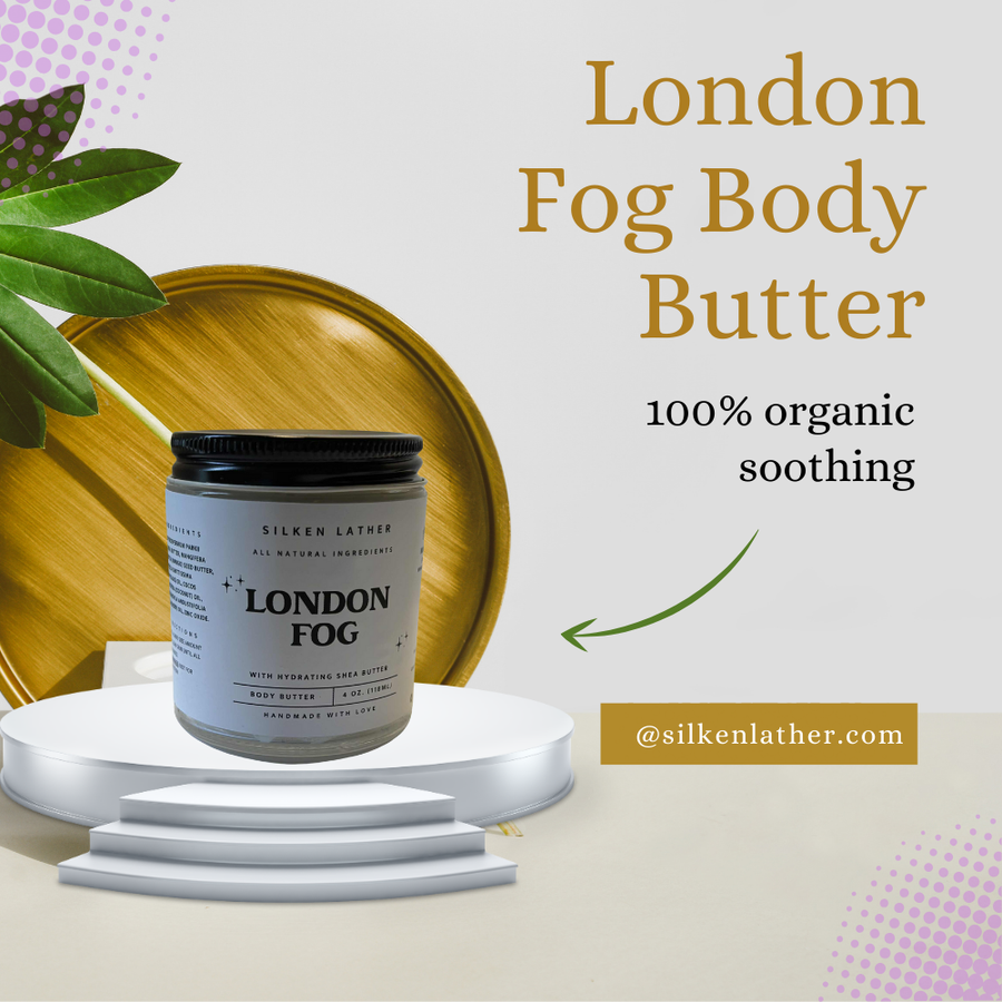 London Fog Body Butter jar with shea, mango butters, avocado and coconut oils for deep hydration and soft skin