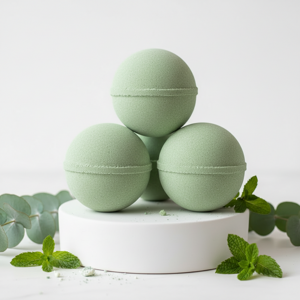 Eucalyptus & Spearmint Bath Bomb 4.5 oz fizzing in water with refreshing herbal aroma and moisturizing ingredients
