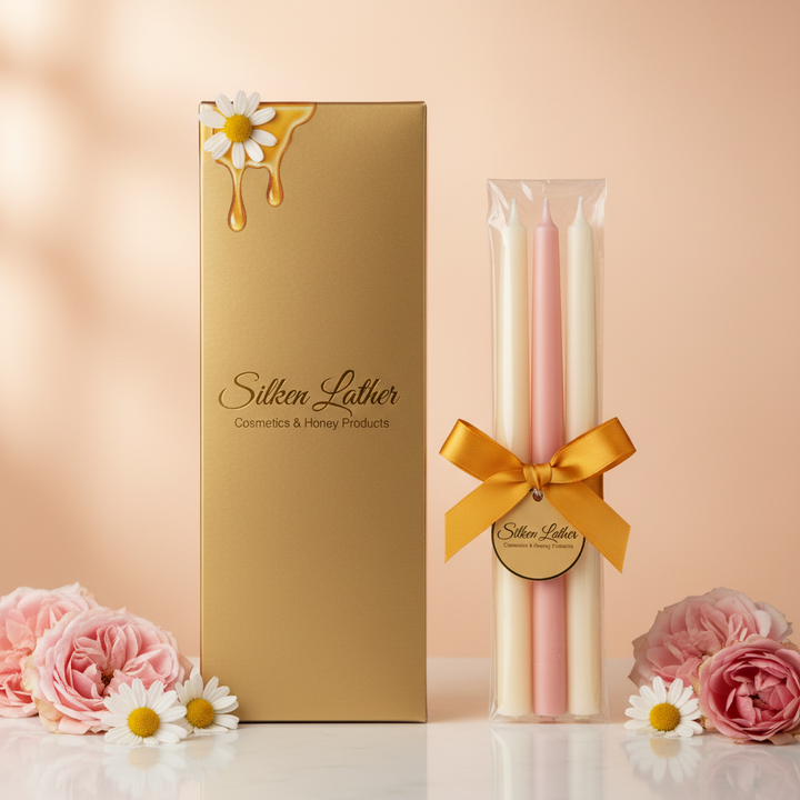 Beeswax Tapers - Premium 8 inch Beeswax Tapers-Natural Glow-Silken Lather Cosmetics & Honey Products