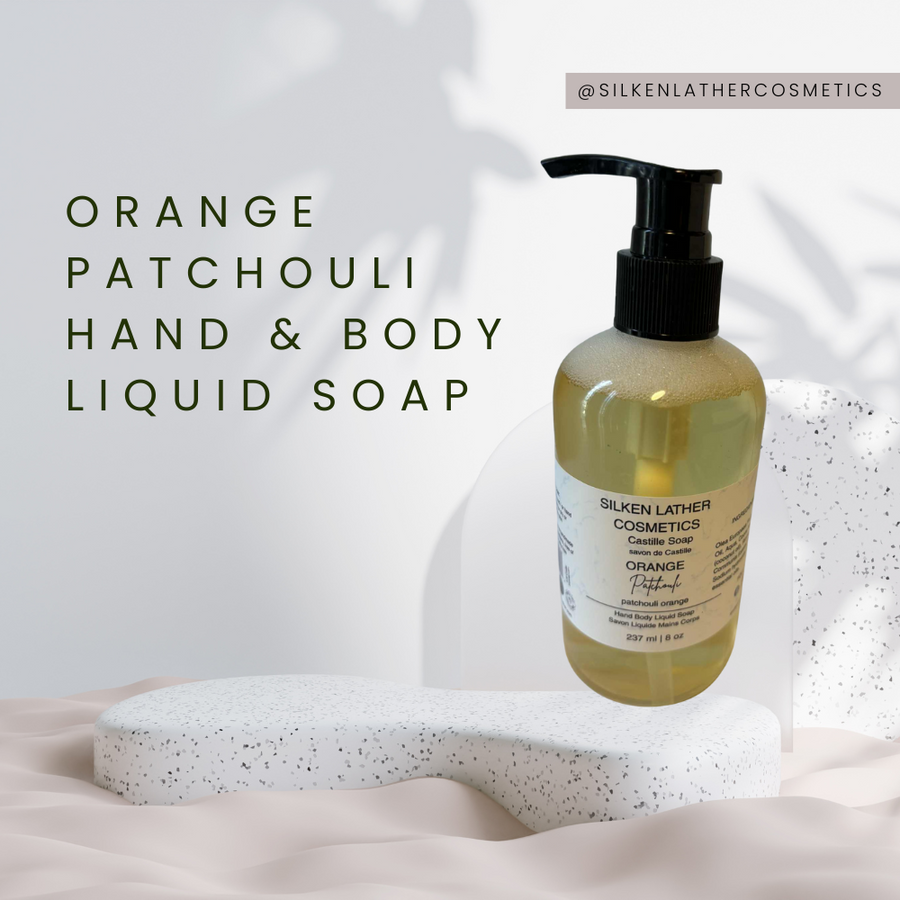 Bottle of Orange Patchouli Castile Hand & Body Liquid Soap with natural plant oils and essential oils
