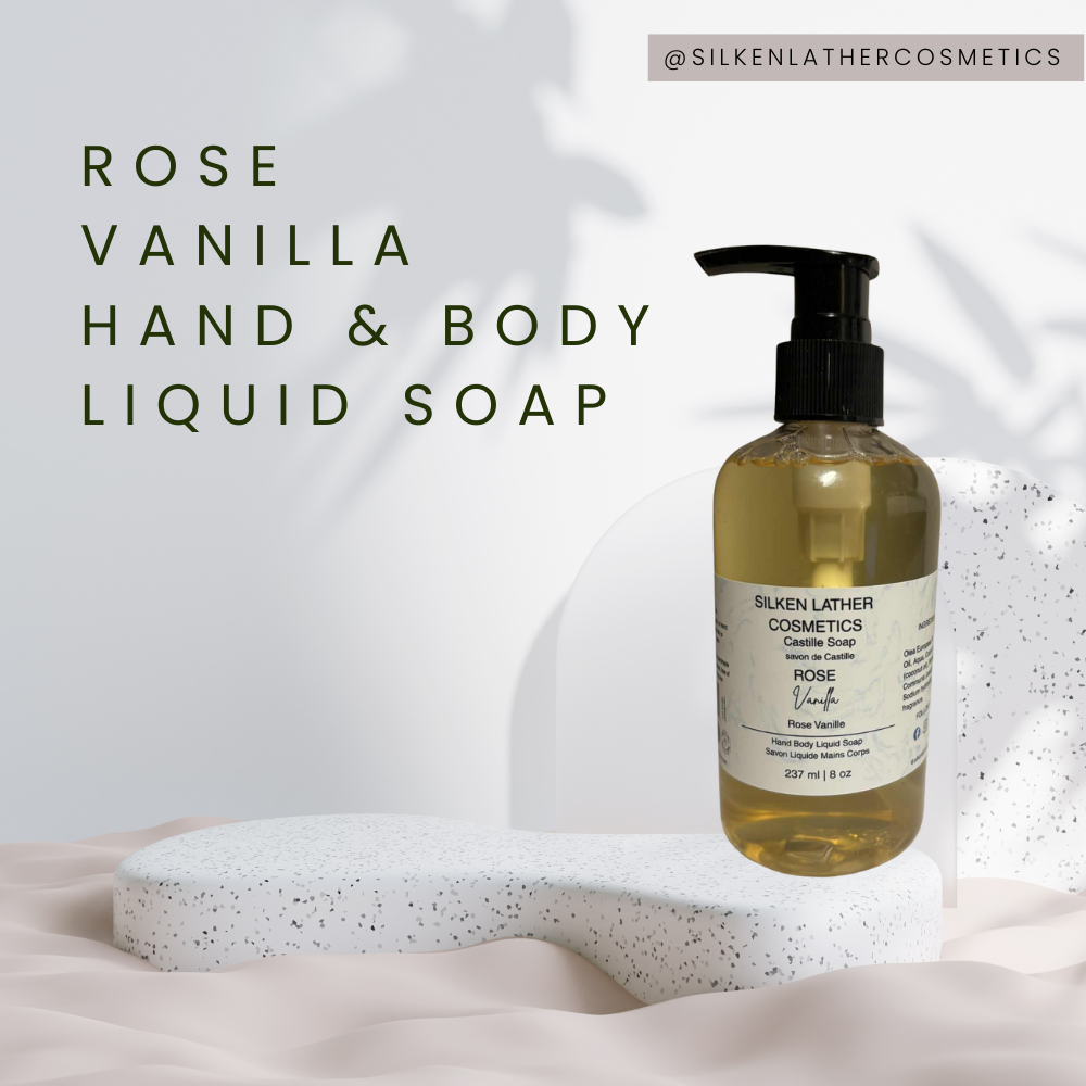 Rose Vanilla Castile liquid soap in 8 oz bottle with floral and vanilla scent for gentle hand and body cleansing