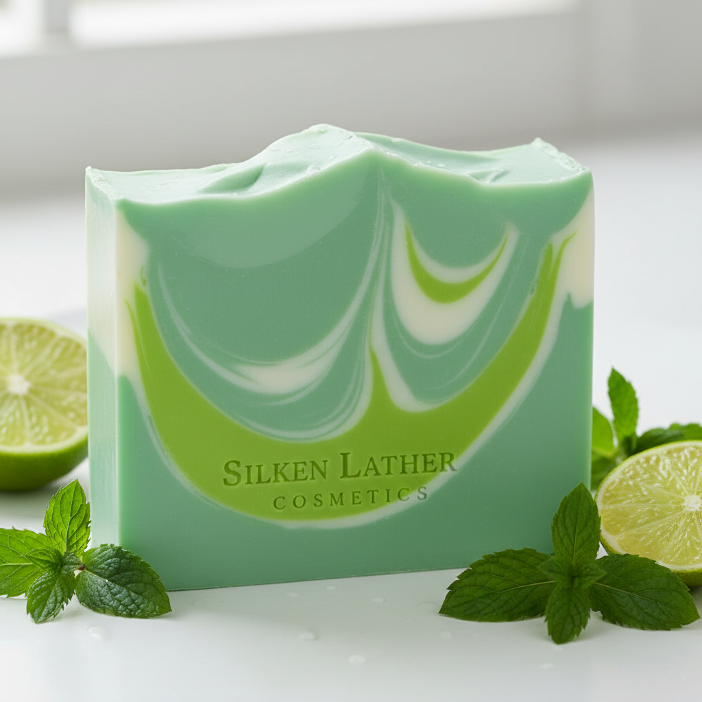 Spearmint Lime Splash Bar soap bar with lime and spearmint leaves, refreshing and invigorating cleansing soap