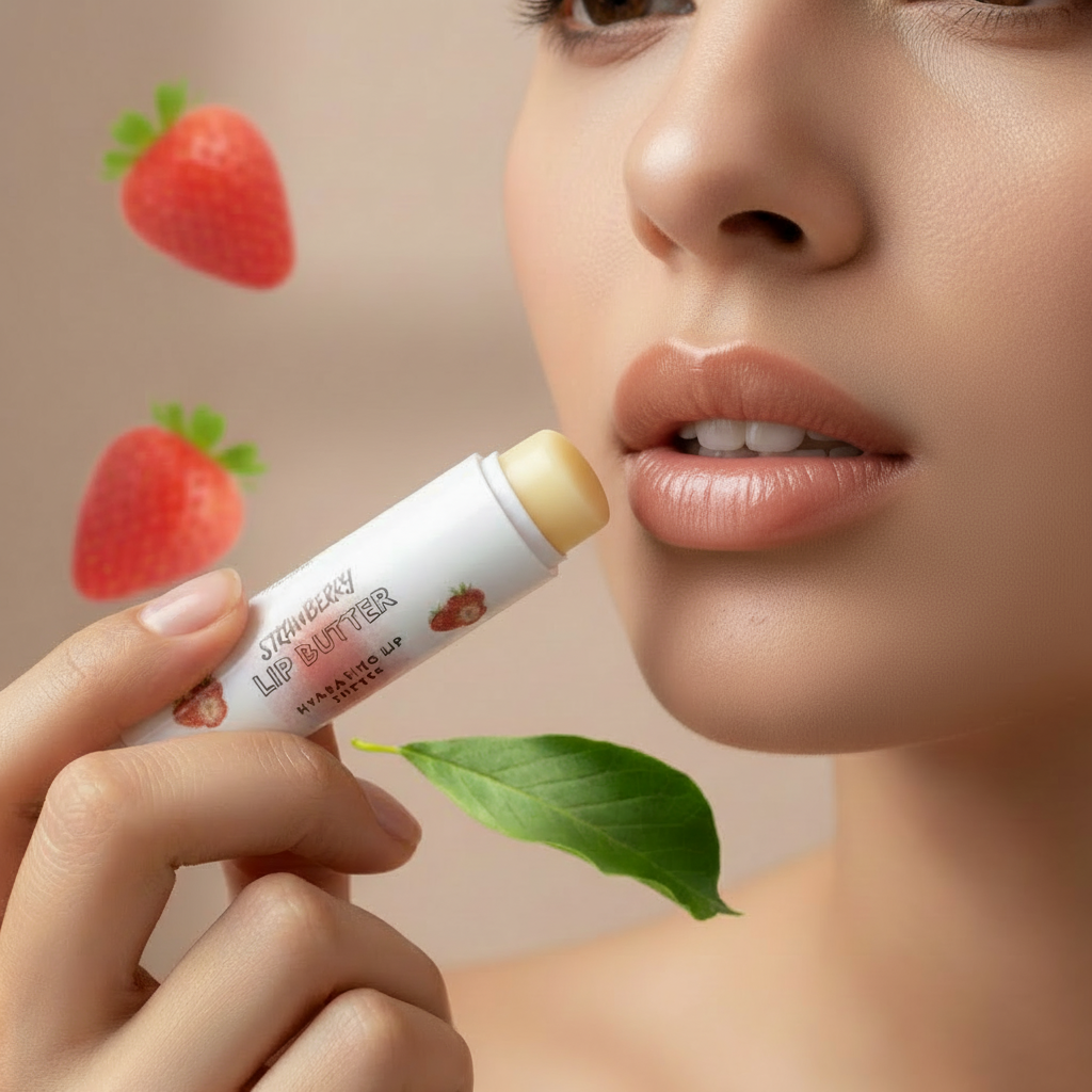 Strawberry Lip Butter in a small container with creamy texture and natural berry scent