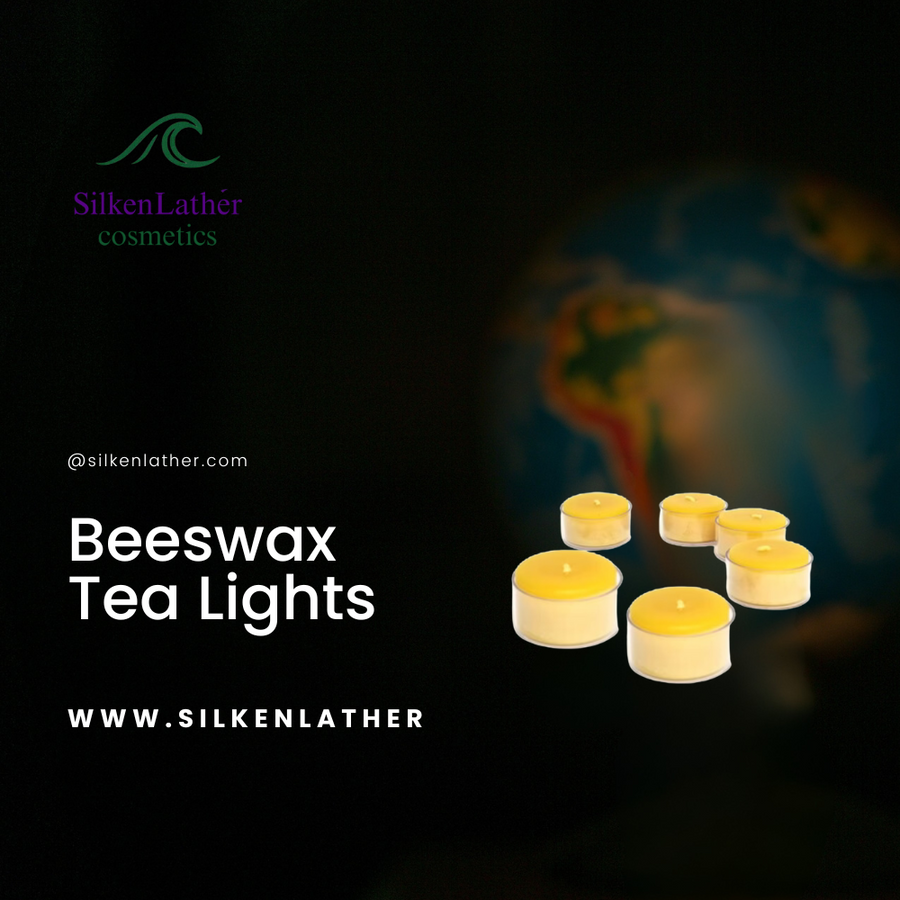 Set of six natural beeswax tealights glowing with warm golden light
