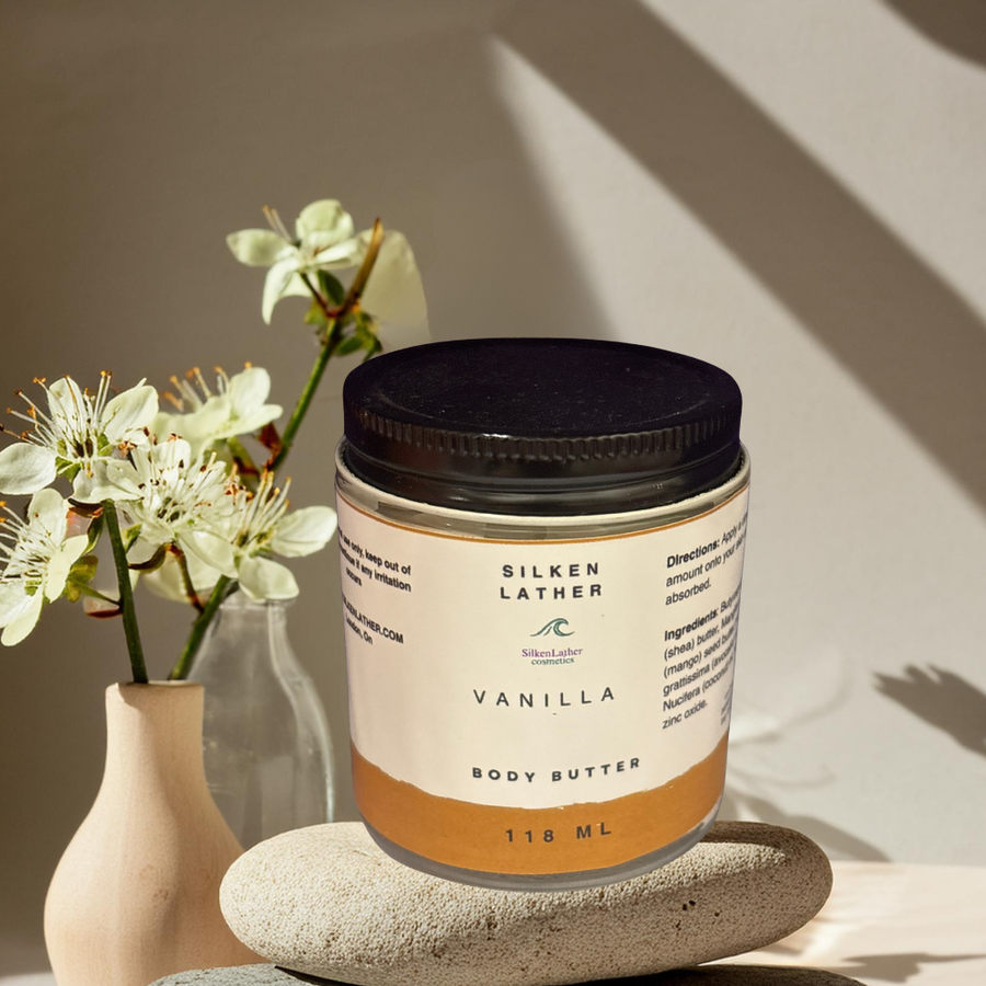 Vanilla Body Butter 118 ml jar with creamy texture and natural ingredients for deep hydration