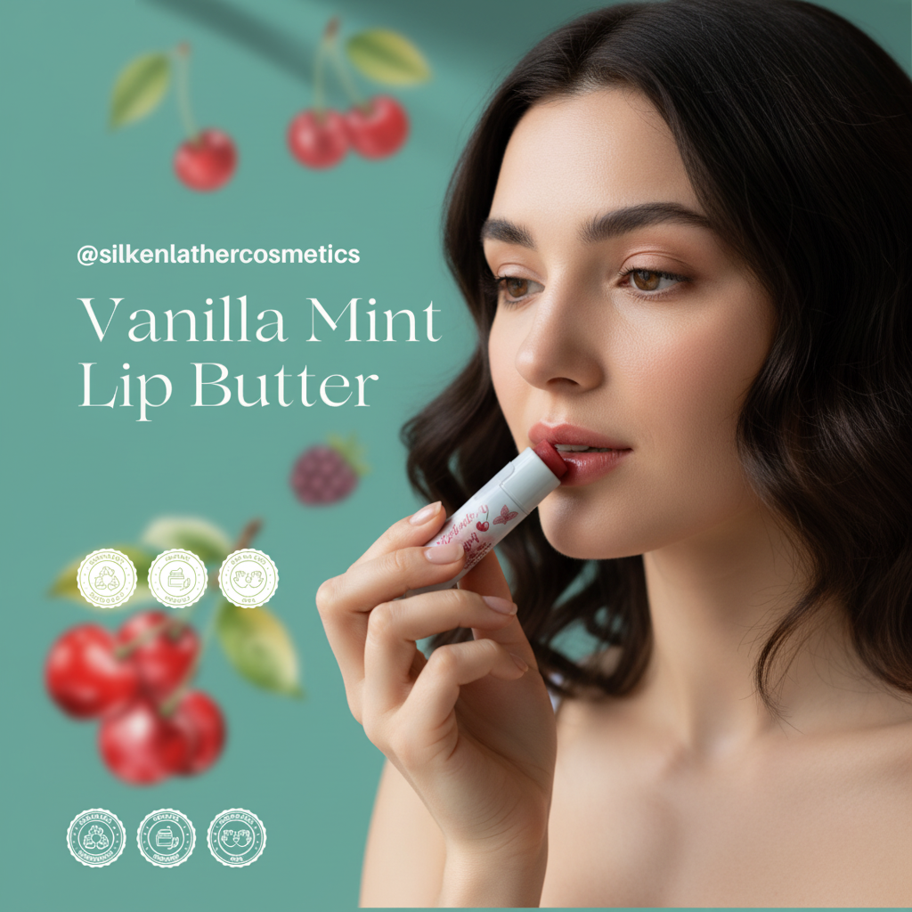 Vanilla Mint Lip Butter tin with creamy hydrating lip balm and natural ingredients