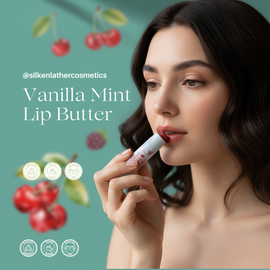 Vanilla Mint Lip Butter tin with creamy hydrating lip balm and natural ingredients